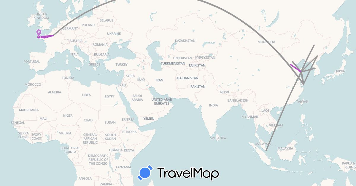TravelMap itinerary: driving, plane, train in China, France, South Korea, Singapore (Asia, Europe)